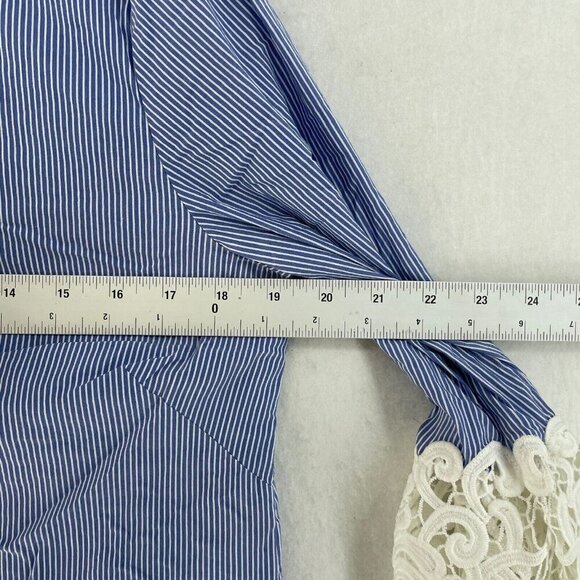 Zara Blouse Women's Sz XS Blue Striped Boat Neck Embroidered Bell 3/4 Sleeve - Picture 3 of 12